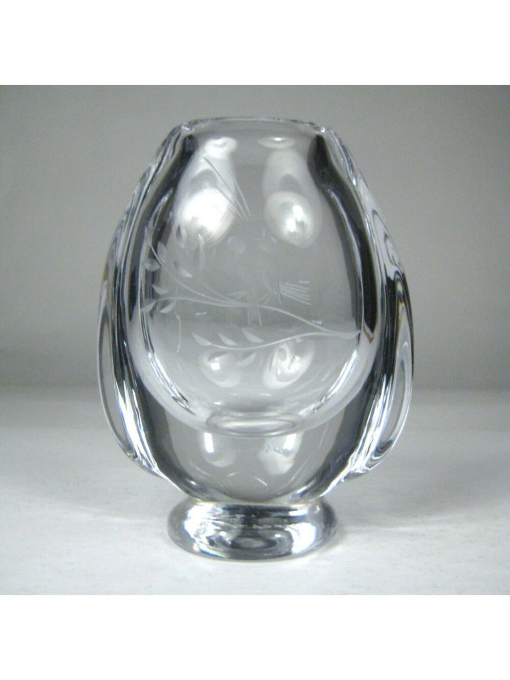 Kosta Boda Art Glass Vase Hand Etched Birds Crystal 5 inch Signed Footed 42057